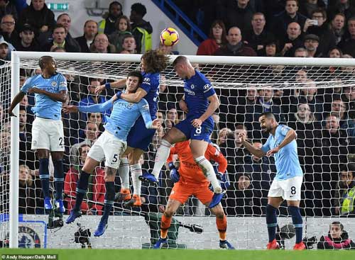  David Luiz rose highest and towered above John Stones to direct Eden Hazard's corner on target to make it 2-0 to Chelsea