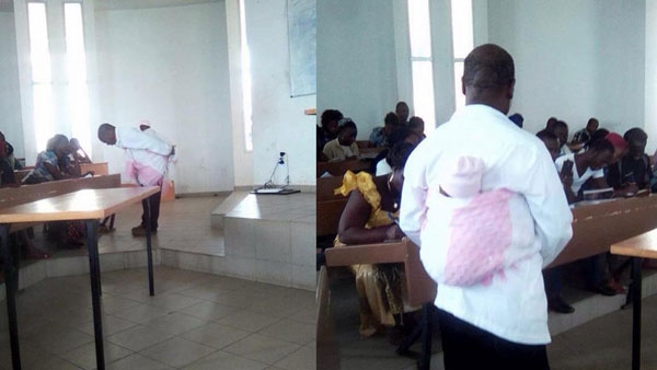 Professor teaches class carrying student’s baby on his back